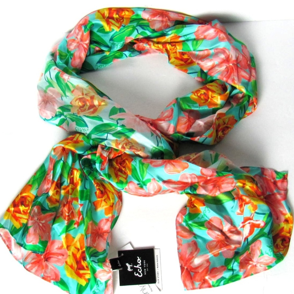 ECHO Pretty Green Floral Print 100% Silk Scarf O/S